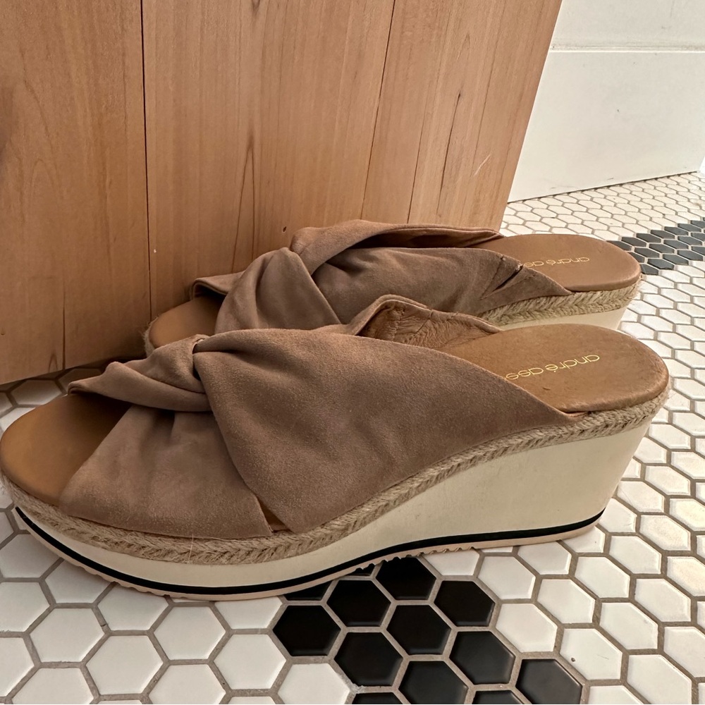 Andre Assous Taupe Twist Suede Platform Wedge Sandals